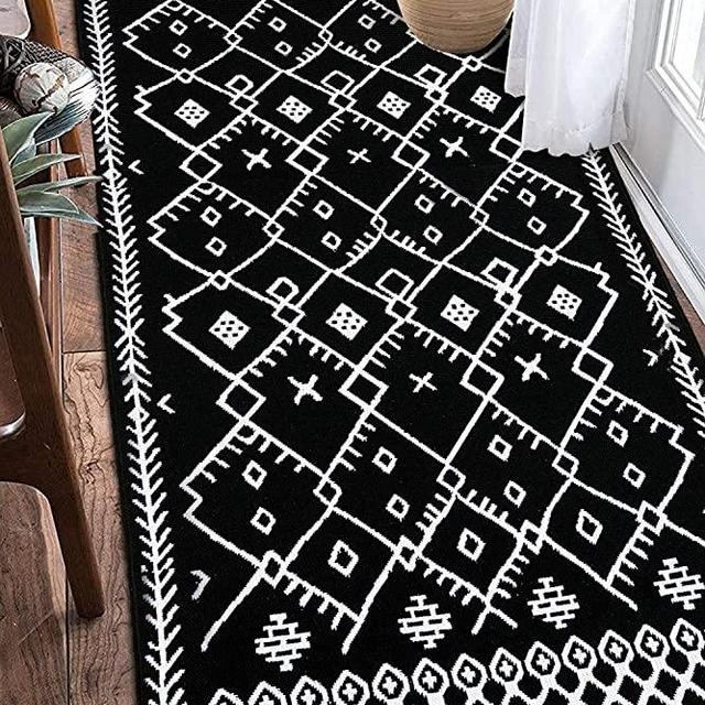 Upgraded Boho Bathroom Rug 2'x6', Boho Runner Rug Bohemian Black White Boho Bath Mat, 100% Woven Washable Cotton Small Throw Rug Decorative Porch, Tassel Rug for Kitchen Laundry Doorway Bedroom