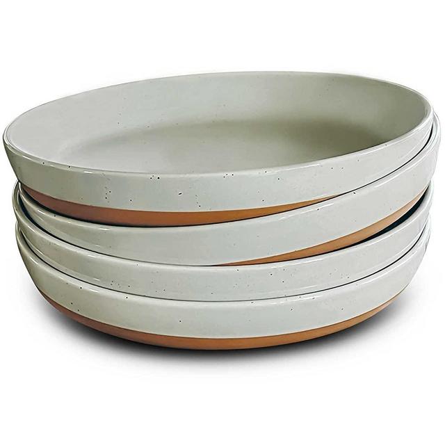 Mora Ceramic Flat Pasta Bowl Set of 4 - 35oz, Microwave Safe Plate with High Edge - Modern Porcelain Dinnerware for Kitchen and Eating, Large Wide Bowls/Plates for Serving Dinner, Salad, etc- Grey