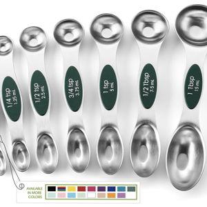 Spring Chef Stainless Steel Magnetic Measuring Spoons Set of 8 with Leveler, Stackable Magnetic Teaspoon & Tablespoon Set, Metal Kitchen Gadgets for Baking & Cooking, Fits in Spice Jars - Pine Green