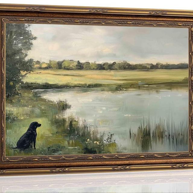 RVETNGVM Vintage Black Labrador Landscape Wall Art Rustic Dog and Pond Countryside Art Wildlife Nature Pond Wall Decor for Living Room Bedroom Farmhouse Bathroom Office Decor 9"x11" Framed