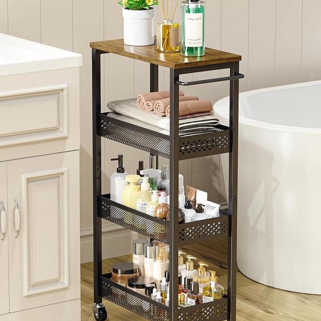 OKZEST Utility Slim Storage Cart, 4-Tier Narrow Bathroom Organizer and Storage Cart, Metal Narrow Kitchen Laundry Room Organization Rack with Wood Top, Slim Rolling Shelf with Wheels for Small Space