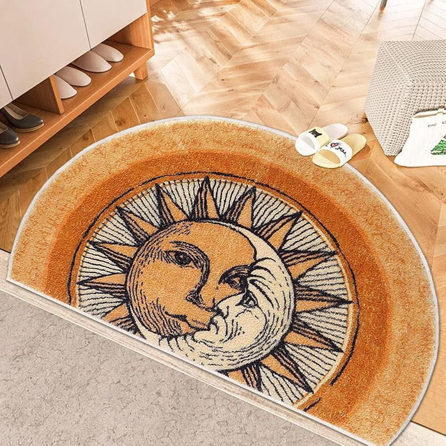 Semi-Circular Area Rugs 31.5x47.3 inch Sun and Moon mat,Yellow Boho Rug,Non-Slip Tribal Style Throw Rugs,Machine Washable Carpet,Suitable for Living Room, Bedroom, Furry Rug at The Entrance