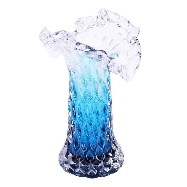 Unique Waves Hand Blown Crystal Glass Vase - Blue Gradient Flower Vase for Home Decor& Living Room Table, Centerpieces & Gift