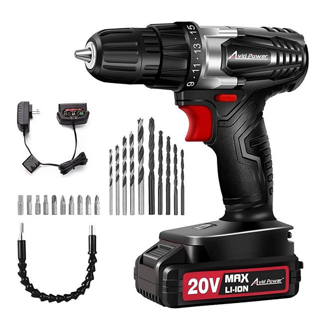 AVID POWER 20V MAX Lithium lon Cordless Drill, Power Drill Set with 3/8 inches Keyless Chuck, Variable Speed, 16 Position and 22pcs Drill Bits (Black)