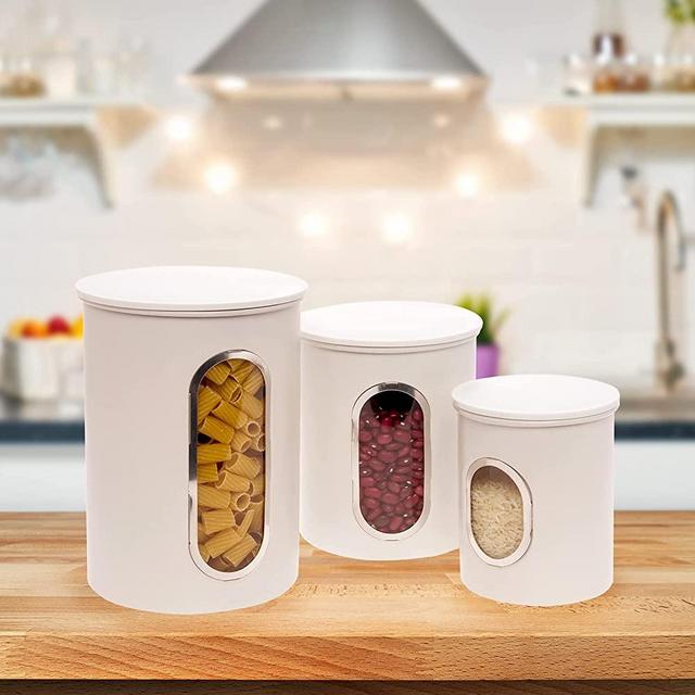 Mindful Design 3 Piece Nesting Kitchen Canister Set - Stainless Steel Modern Storage Containers with Clear View Window (White)
