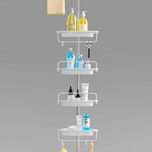 HomeHelper Tension Corner Shower Caddy, Rustproof Stainless Steel, 4 Positionable Shelves, Height Adjustable Among 4.7Ft to 9.3Ft