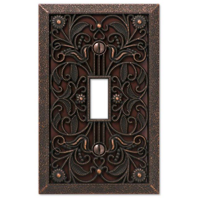 Filigree Single-Toggle Switch Plate in Aged Bronze