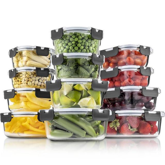 FineDine Glass Storage Containers with Lids - Leak Proof, Dishwasher Safe Glass Food Storage Containers for Meal Prep or Leftovers (Black, 24 Piece)