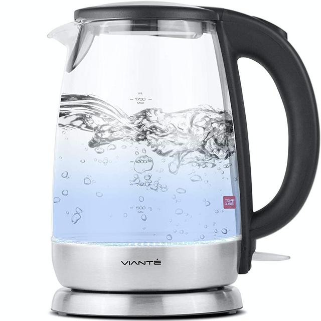Glass Electric Tea Kettle. Fast Water Boiler. BPA-FREE Stainless Steel & Borosilicate Glass. 30-second "HOLD BOIL" sanitizing feature. Deisgned in Italy. 8 Cups Capacity. 1.7 Liters by Vianté
