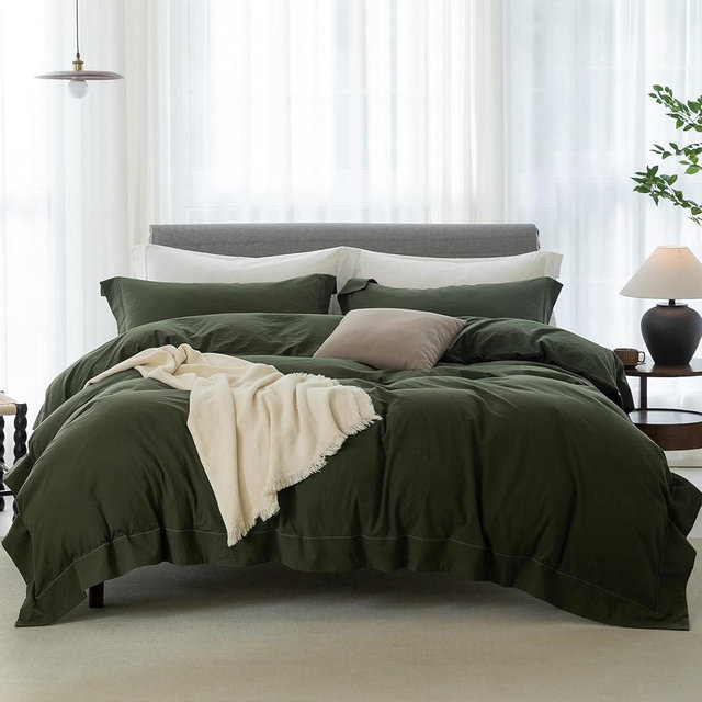 ELIMMO Cooling Queen Duvet Cover Set 3 Pieces-100% Washed Cotton with Chic Wide Trim Design Linen Like Textured Ultra Soft Cozy Bedding with Zipper Closure(Hemmed Olive Green,Queen 90"x90")