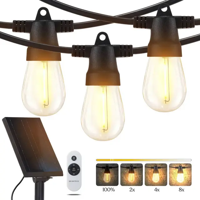 Brightech 15-Bulb LED Ambience Pro Solar 4W 48ft 3000K S14 Outdoor String Lights Clear Bulb Black Wire