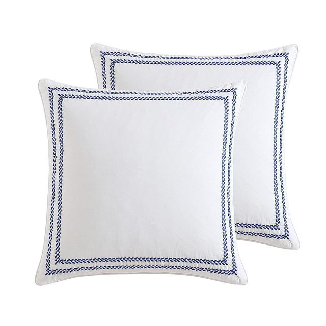 Laura Ashley Cotton 2 Piece Pillow Sham Set, Farmhouse Home Décor, Euro, Stitched Vine Blue