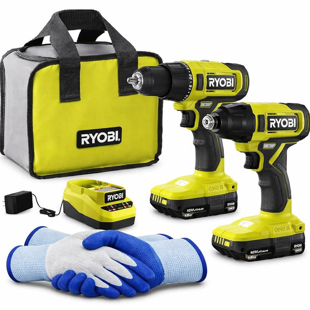 RYOBI Drill Impact Driver Combo Kit 18V ONE+ Cordless 2-Tool Set with Batteries Charger Tool Bag + Gloves