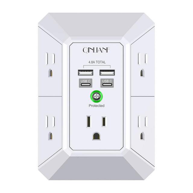 USB Wall Charger, Surge Protector, QINLIANF 5 Outlet Extender with 4 USB Charging Ports (4.8A Total) 3-Sided 1680J Power Strip Multi Plug Outlets Wall Adapter Spaced for Home Travel Office(2U2C),White