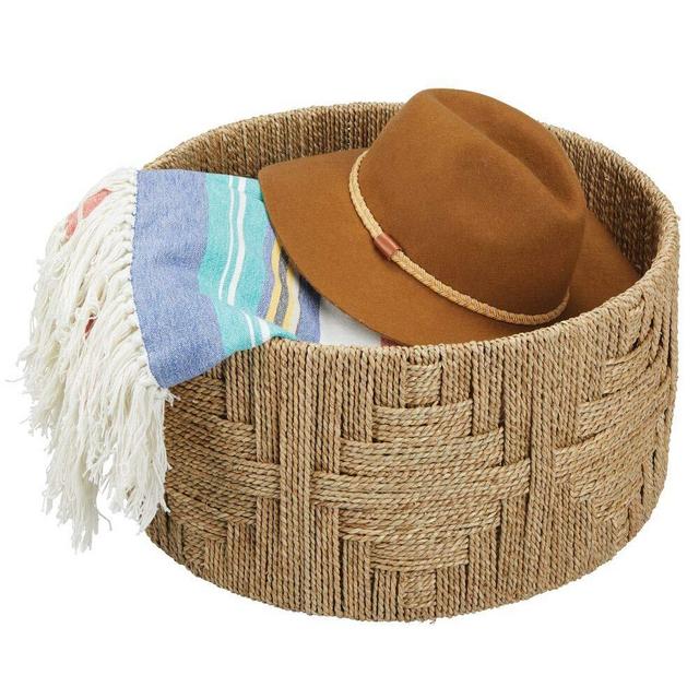 mDesign Large Round Woven Braided Seagrass Rope Home Storage Basket - for Organizing Closet, Bedroom, Bathroom, Living Room, Entryway, Office, Aztec Pattern Weave - Natural