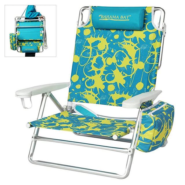 Old Bahama Bay 5-Position Folding Beach Chairs with Large Cooler Bag and Towel Bar, All Aluminum Portable Lightweight Reclining Chair Outdoor for Sand,Sunbathing, Camping, Lawn(Yellow/Green)
