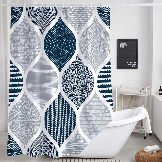 Blue and Grey Shower Curtain for Bathroom, Light Blue White Dark Gray Navy Bohemian Chic Geometric Pattern Fabric Shower Curtains Set, Modern Paisley Restroom Decor Accessories with Hooks 72X72Inches