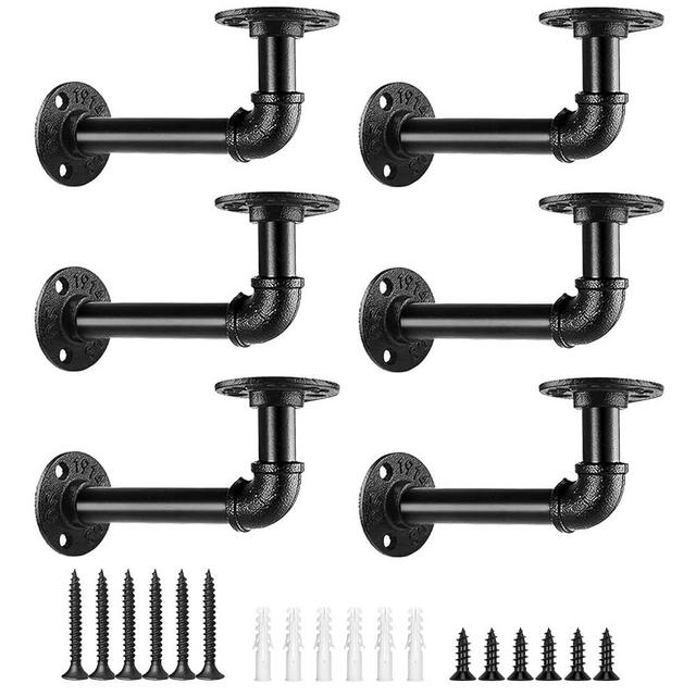 HRXMS 6 Pack Industrial Pipe Shelf Brackets, Black Iron for Floating Shelves Heavy-Duty Wall Mount with Hardware