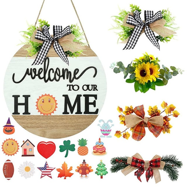 Interchangeable Welcome Sign for Front Door with 4 Seasonal Wreaths and 14 Changeable Icons, Farmhouse Front Porch Décor, Front Door Decoration, Seasonal Rustic Wooden Wall Sign home décor (7wood)
