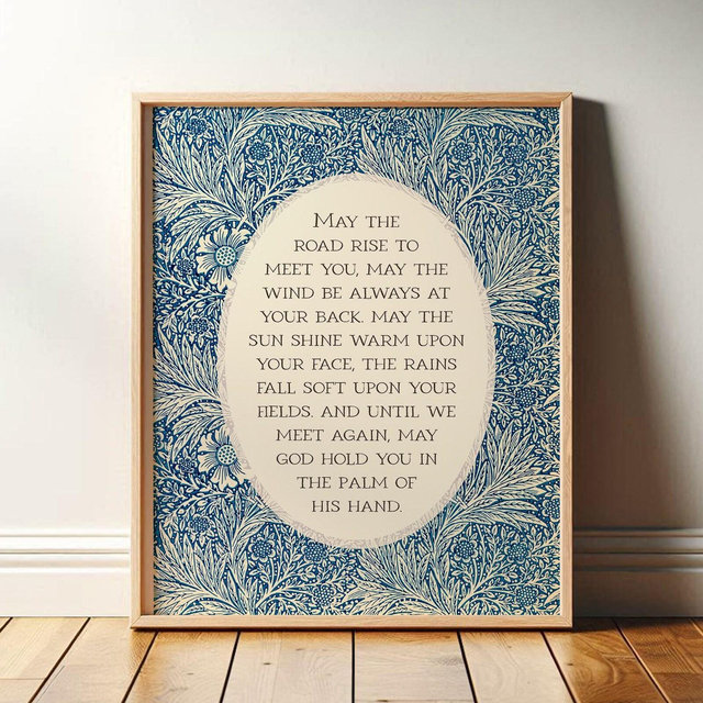 Irish Blessing | May the Road Rise Poem for New Home, Closing, Housewarming Gift | Blue Floral William Morris Art | Celtic Print or Canvas