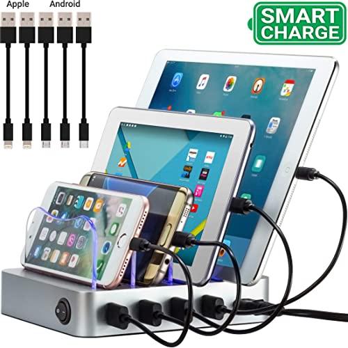 Simicore 4-Port USB Charging Station with 5 Short Charging Cables for Apple & Android Phones, Tablets & Other Devices - with Blue Charging Status Light (Silver)