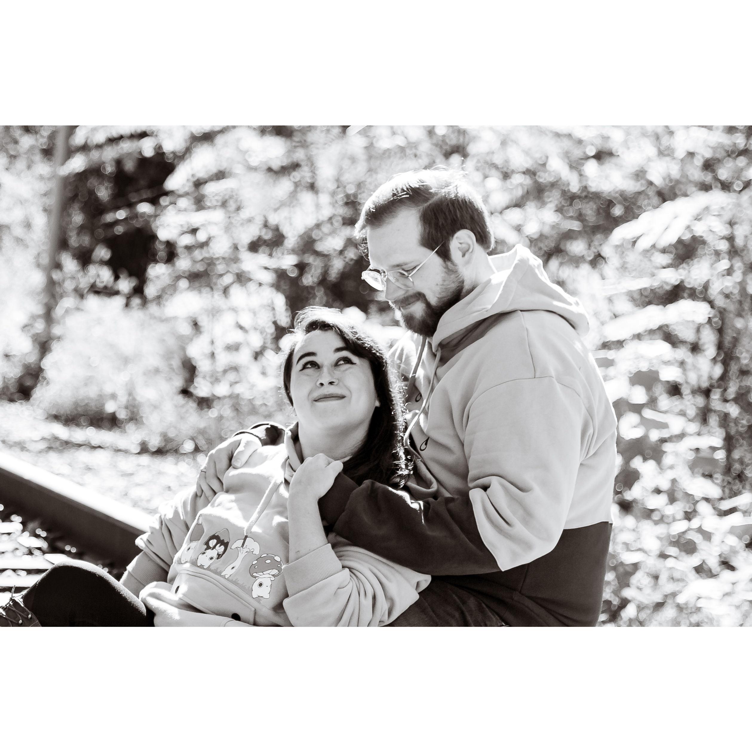 October 2024 Engagement Photo session.  We love our matching Mushling sweaters.