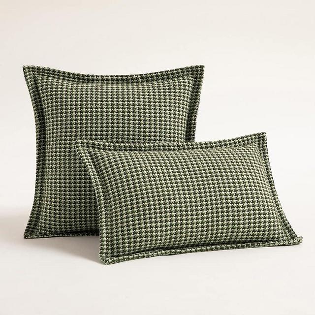 XSlive Farmhouse Throw Pillow Covers White and Green Houndstooth Decorative Cushion Cover Woven Textured Square Pillow Case for Sofa Bedroom Living Room, 1 Piece (Green,18"x18")