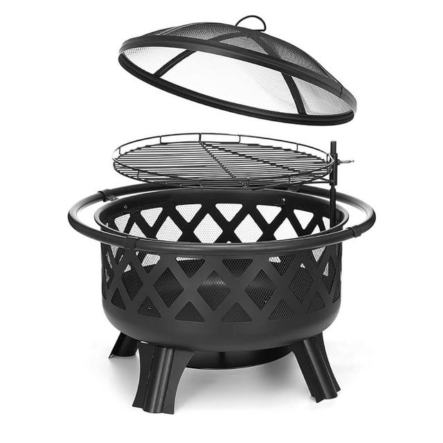 30 Inch Fire Pits for Outside with Grill Wood Burning Firepit Large Steel Firepit Bowl for Patio Backyard Garden Camping with Swivel BBQ Grill, Ash Plate,Spark Screen, Poker