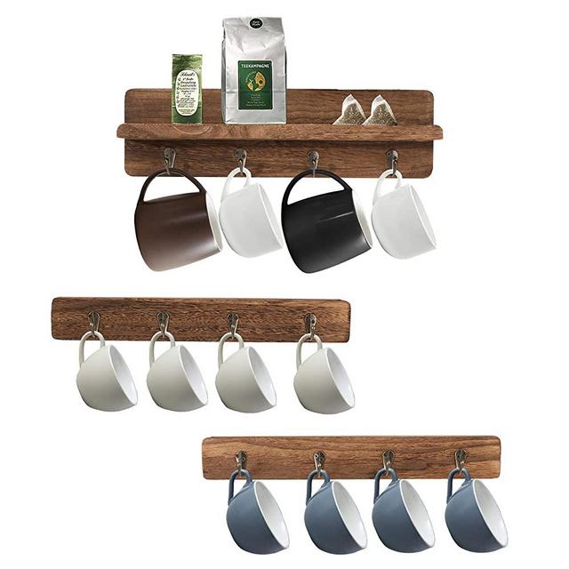 YCOCO Coffee Mug Holder,Wall Mounted Wood Rustic Cup Organizer with 12 Hooks, Coffee Mugs Tea Cup Storage Rack,Brown