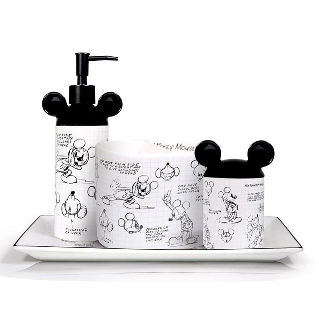 Disney 4 Piece Bathroom Set Accessories | Disney Mickey Mouse Home Decorations | Cute Ceramic Housewarming Gifts | Lotion Pump | Tray | Toothbrush Holder | Cotton Ball Holder Jar (White)