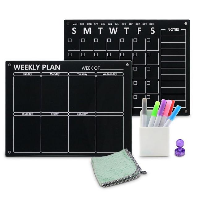Magnetic BLACK ACRYLIC Calendar for Fridge 16'' x 12'', Set of 2 New Sleek design Monthly and Weekly Planner Calendars, Comes with 6 Vibrant Markers, Marker Holder and Washable Cleaning Cloth