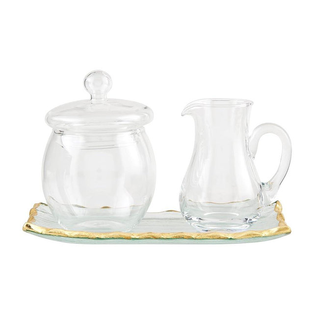 Mud Pie Gold Edge Glass Cream and Sugar Set, tray 4" x 7", Clear