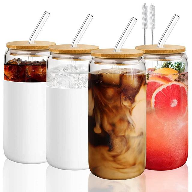 Glass Cups With Bamboo Lids and Straws - 4 pc 16oz can shaped glass bottle with silicone sleeve - Cute Reusable drinking glass tumbler set for iced coffee, espresso, beer, smoothie and juices mHomeAid