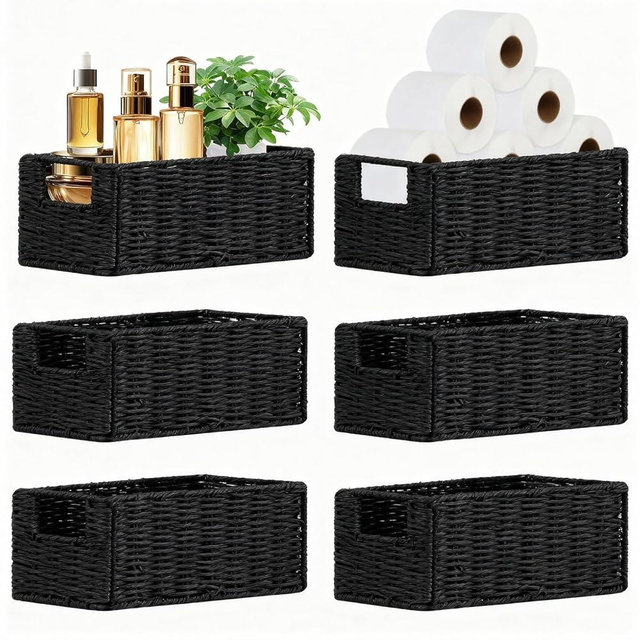 Airsnigi Small Wicker Baskets, Wicker Woven Storage Basket Toilet Paper Baskets with Handles, Towel Basket for Bathroom Organizing Shelves (Black)
