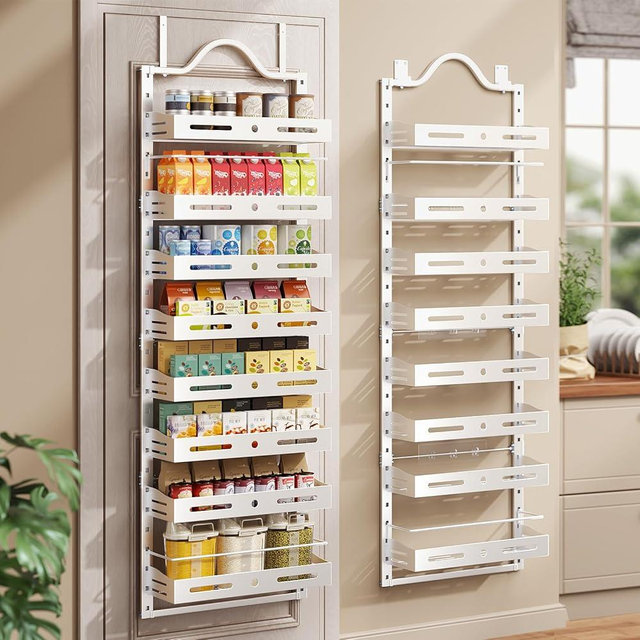 Freexployer 8-Tier Over The Door Pantry Organizer, Large 2 IN 1 Wall Mount or Hanging Spice Rack, Pantry Door Organizer and Storage with Adjustable Basket, Door Spice Rack for Pantry, White