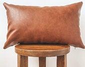 Brown leather lumbar pillow cover | cognac...