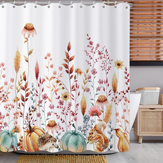 Caheansi Fall Shower Curtain, Watercolor Autumn Pumpkins Floral Harvest Fruits Animals Thanksgiving Bathroom Curtain Waterproof Fabric Machine Washable with Hooks, 60" Wx72 L