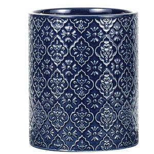Kitchen Utensil Holder, 6x7 inch Large Ceramic Utensil Holder with Embossed Pattern, Cooking Utensil Crocks for Kitchen Countertop, Home Decor, Blue