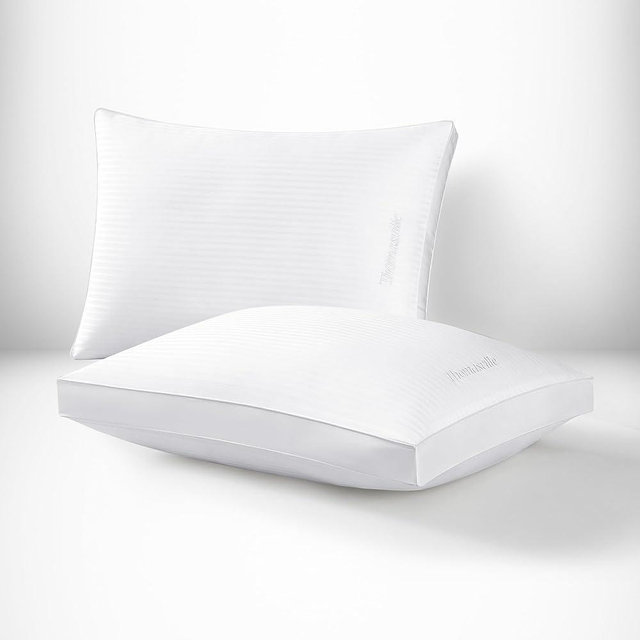 Thomasville 100% Cotton Dobby Stripe Hotel Style Bed Pillow with Supportive Gusset for Side, Back and Stomach Sleepers, Set of 2, King Size Pillows 18"x34"