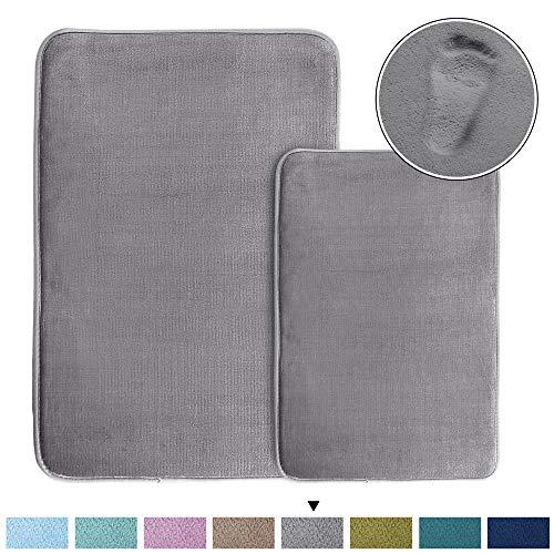 H.VERSAILTEX Original Memory Foam Bathroom Rug Set Soft Thick Flannel Velvety Bath Mats for Bathroom Non Slip Absorbent Toilet Floor Rugs, Machine-Washable (2 Pack - 20" x 32" and 17" x 24", Gray)