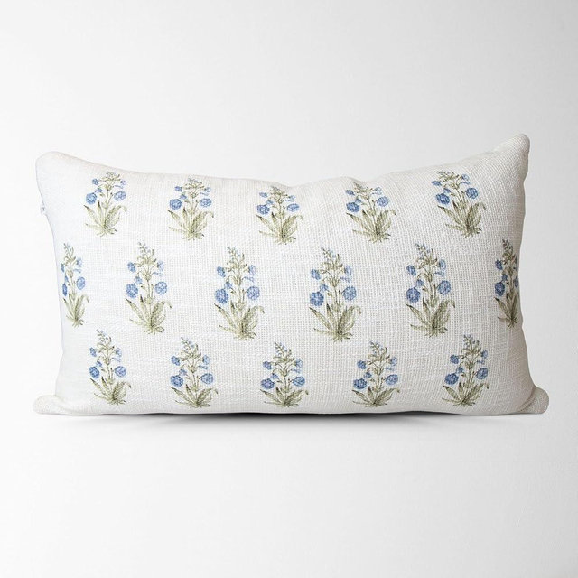 Lucie Hand Painted Block Print Floral Pillow Cover 14x24 – 100% Cotton Designer Throw Pillow Cover – Luxury Decorative Accent for Sofa, Couch, Bed & Modern Coastal Grandmillennial Home Décor.