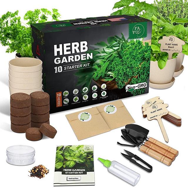 Indoor Herb Garden Starter Kit-Herb Growing Kit with 10 Reusable Bamboo Pots, Non-GMO Herbs, Drip Trays, Soil Discs - Kitchen Window Garden Plant Starter Kit - DIY Kitchen Gardening Kits by FAFU