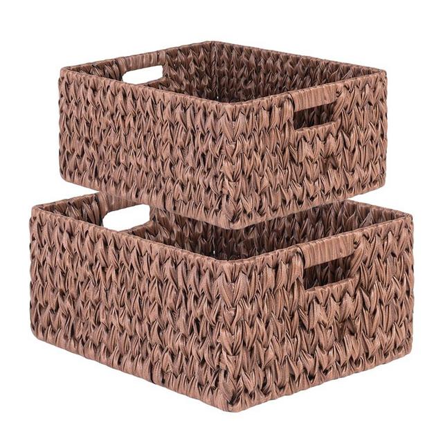 ATEDIR Large Wicker Basket, Waterproof Wicker Storage Basket, Odorless Plastic Woven Baskets for Organizing, Rectangle Rattan Basket with Handle, Brown, 2-Pack (17 * 13 * 7 inch)