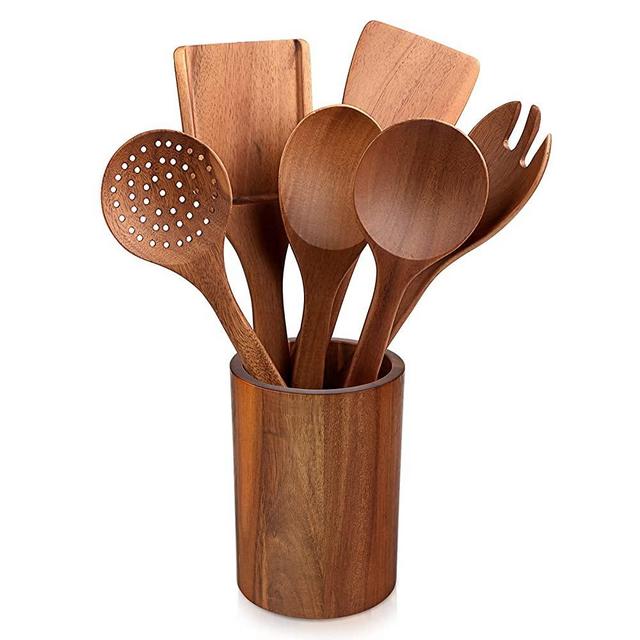 Acacia Wood Utensils Set with Holder 7Pcs,Nonstick Kitchen Utensil Set,Wooden Spoon Set including Spoon,Skimmer,Spatula,Turner,Salad Spoon&Salad Fork(7 pack)