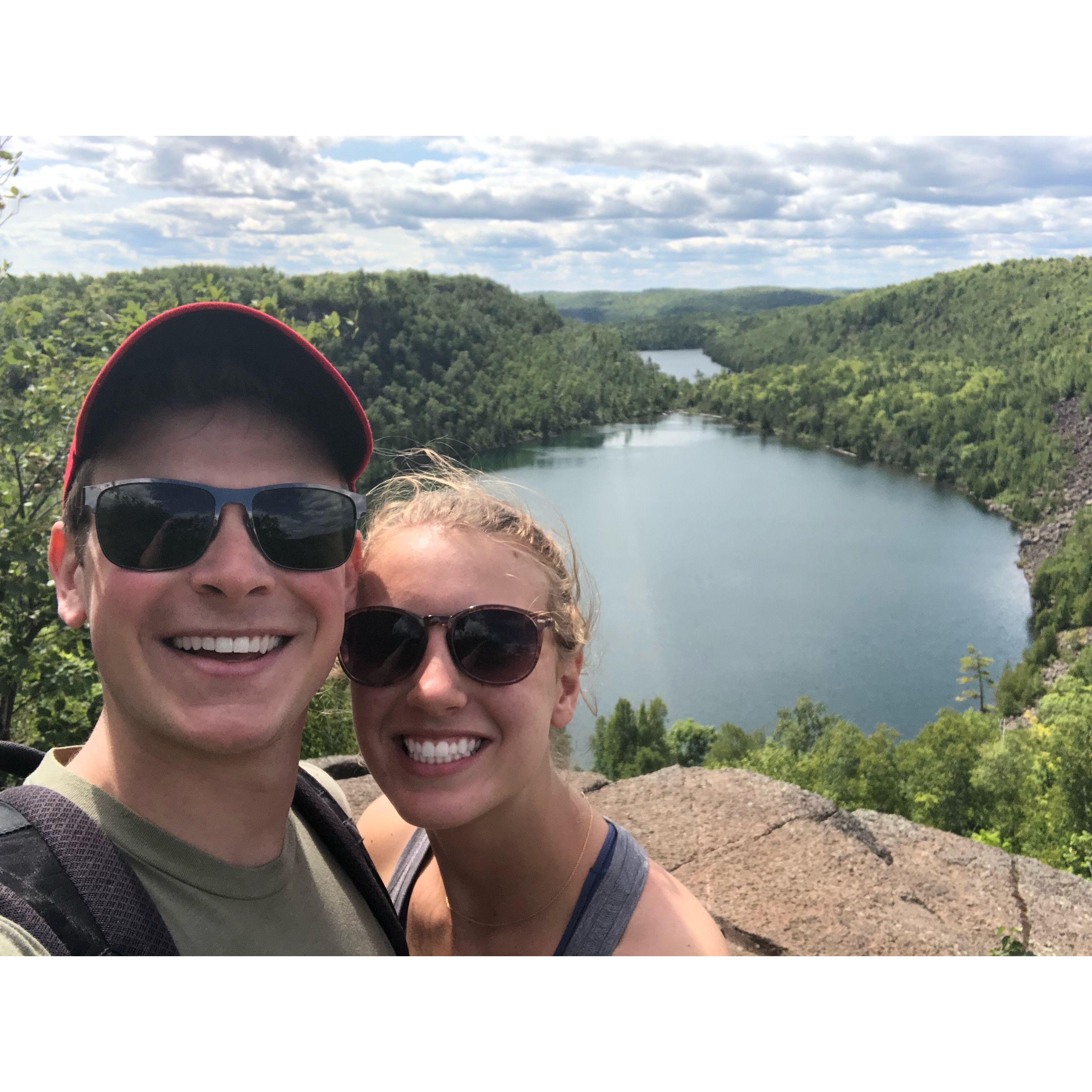 We absolutely LOVE to hike. This is a photo taken with a view of Bear and Bean Lakes in Minnesota right before we chowed down some PB&Js.