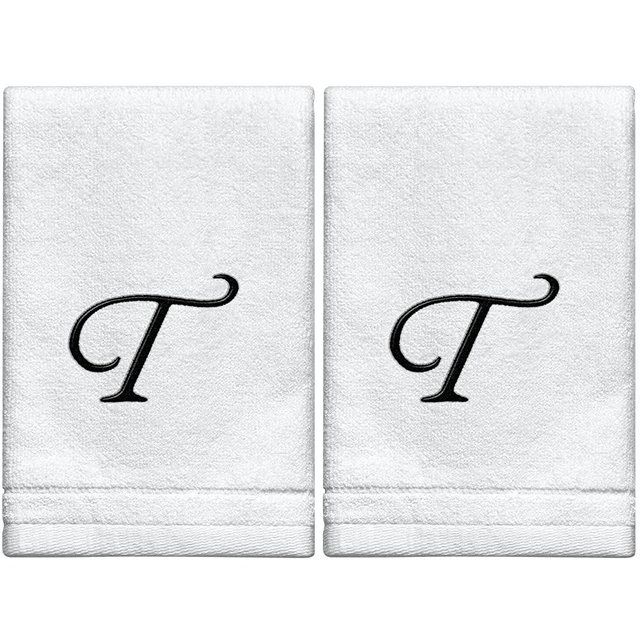 Monogrammed Towels Fingertip, Personalized Gift, 11 x 18 Inches - Set of 2- Black Embroidered Towel - Extra Absorbent 100% Cotton- Soft Velour Finish - For Bathroom/ Kitchen/ Spa- Initial T (White)