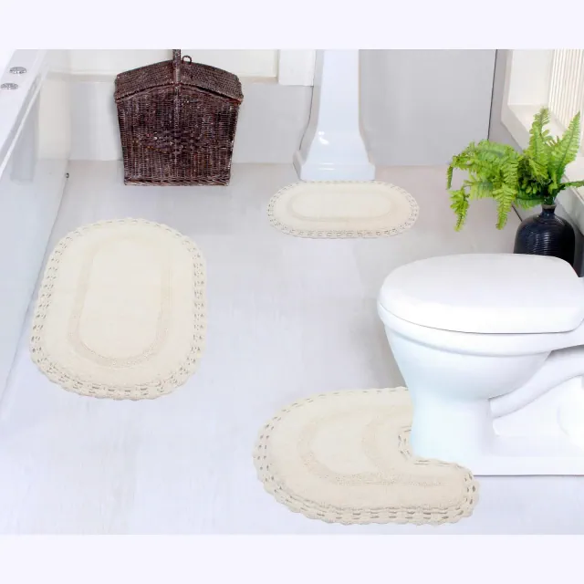 Set of 3 Hampton Crochet Collection Ivory Cotton Reversible Tufted Bath Rug Set - Home Weavers