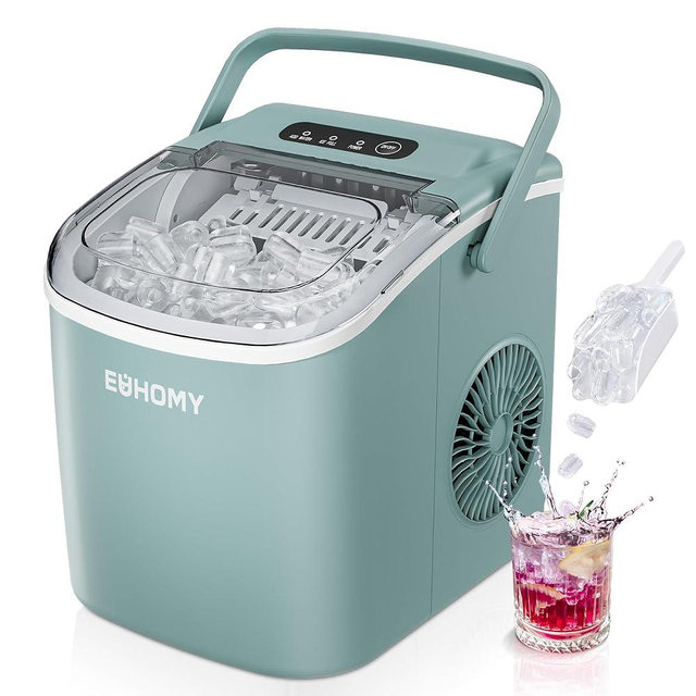 EUHOMY Countertop Ice Maker Machine with Handle, 26lbs Per Day, 9 Ice Cubes Ready in 6 Mins, Auto-Cleaning Portable Ice Maker with Basket and Scoop, for Home/Kitchen/Camping/RV (Green)