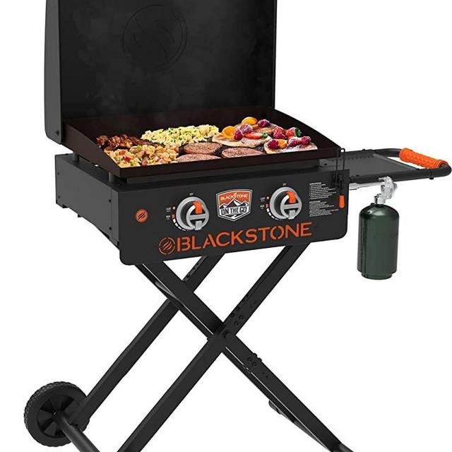 Blackstone 1935 On The Go Scissor-Leg Two Burners Gas Hood, Wheels, Side Shelf Heavy Duty Outdoor Stainless Steel Griddle for Backyard, Patio Camping, 22, Black