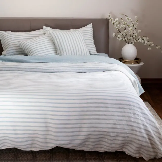 100% French Linen Duvet Cover - Full/Queen - Cream & Wave Stripe | BOKSER HOME